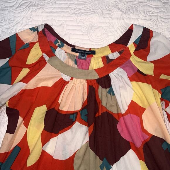French Connection Top Size 12 Colorful Abstract Flowy Flutter Sleeve Blouse Art - Picture 2 of 14